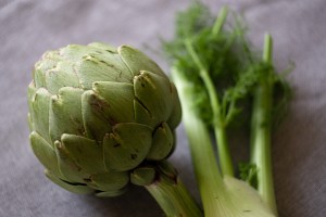 Ingredients for artichoke and fennel paella