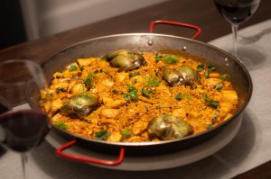 Artichoke, fennel, and chicken paella